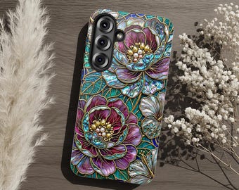 Schimmernde Handyhülle mit Blumenmuster aus Buntglas, Pfingstrosen-Vintage-Stil, Schutzhülle für iPhone, Samsung Galaxy und Pixel – das perfekte Geschenk für sie