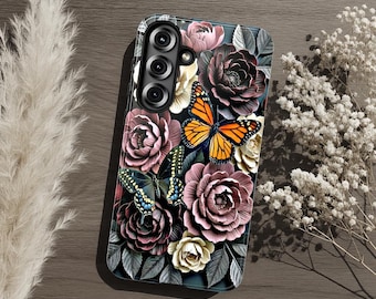 Vintage-Handyhülle mit Schmetterlings- und Blumenmuster, dunkle botanische Ästhetik, Schutzhülle für iPhone, Samsung Galaxy und Pixel, ideales Geschenk für Blumenliebhaberinnen
