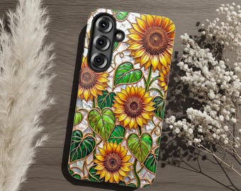 Robuste Handyhülle mit Sonnenblumen-Buntglas-Motiv, Cottagecore-Blumenmuster für iPhone, Samsung Galaxy und Pixel, leuchtendes Sommerblumen-Motiv, botanisches Geschenk für Ihre Mutter