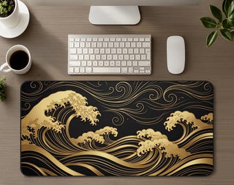 Japanische Schreibtischunterlage mit Wellenmuster in Schwarz und Gold, großes Gaming-Mauspad mit Ozeanwellenmuster, ästhetisches PC-Dekor im japanischen Stil, Zen-Kunst-Mauspad für Tastatur und Arbeitsplatz – das perfekte Geschenk