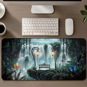 Magical Fantasy Waterfall & Butterflies Desk Mat, Office Setup Gaming Mouse Pad, Cottagecore Nature Anime Aesthetic Mousepad Unique Decor