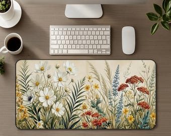 Wildflower Large Desk Mat, Cottagecore Mousepad, Vintage Beige Botanical Office Decor, Floral Gaming XL Mouse Pad, Nature Keyboard Cute Gift