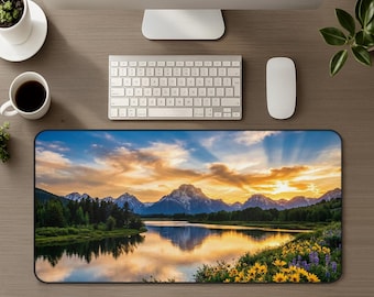 Grand Teton Inspired Desk Mat, Mountain Lake Wildflower Landscape Large Mouse Pad, Office Gaming Mousepad, PC Keyboard Nature Lover Gift