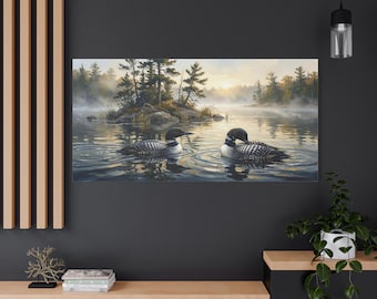 Loons On Lake Canvas Wall Art, Lake House Decor Print, Wildlife Nature Painting, Rustic Cabin Bird Artwork, Living Room Large Art Home gift