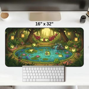 Cottagecore Frog Pond XL Desk Mat, Gaming Mouse Pad Home Decor, Cute Frogs Pool Party Nature Mousepad, Lush Green Forest Aesthetic Gift image 6