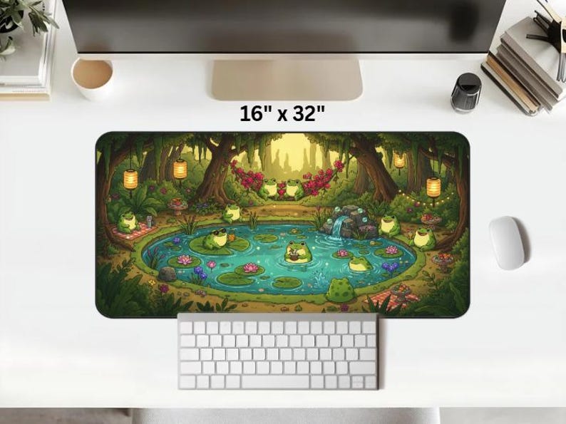 Cottagecore Frog Pond XL Desk Mat, Gaming Mouse Pad Home Decor, Cute Frogs Pool Party Nature Mousepad, Lush Green Forest Aesthetic Gift image 6
