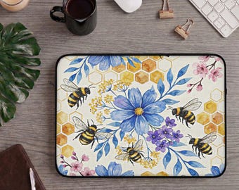 Laptop-Hülle mit blauem Blumen- und Bienenmuster, Tablet-Hülle mit Aquarell-Honigbienenmotiv, botanische Computerhülle, Tragetasche im Cottagecore-Stil, Geschenk für Naturliebhaberinnen