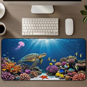 Alfombrilla de escritorio con diseño de arrecife de coral submarino, alfombrilla de ratón XL para amantes de las tortugas marinas y la vida marina, alfombrilla de ratón para juegos, decoración de escritorio, regalo náutico marítimo