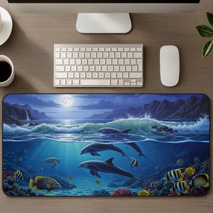 Stor skrivbordsmatta med havsliv, musmatta med delfiner och korallrev, nautisk spelmusmatta, tropisk undervattenskonst, present till hemmakontoret