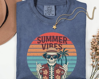 Summer Vibes Skeleton T-Shirt Comfort Colors, Vintage Retro Sunset Beach Shirt, Cool Skull Graphic Tee, Tropical Summerween Vacation Gift