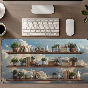 Tapete de mesa extragrande com prateleiras flutuantes Bookish, decoração de estantes com plantas, nuvens e céu, mouse pad de escritório com estante botânica Cottagecore, presente para amantes de livros