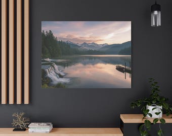 Serene Mountain Lake Large Canvas Wall Art, Tranquil Nature Waterfall Landscape, Forest & Water Reflection, Cabin Décor, Lake House Gift