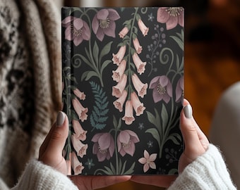 Dark Floral Cottagecore Hardcover Journal Notebook Writing Diary, Boho Botanical Lined Gratitude Book for Everyday Journaling Notes, Gift