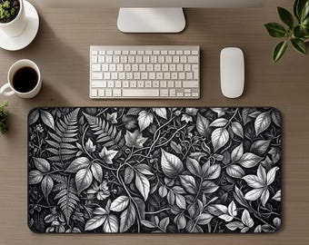 Monochrome Black & White Botanical Desk Mat, Minimalist Dark Floral XXL Mouse Pad, Vintage Leaf Aesthetic Office Decor Gaming Mousepad Gift
