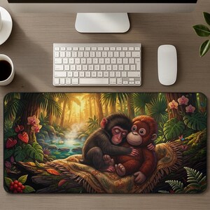 Puede incluir: Alfombrilla de ratón rectangular con una vibrante escena de la jungla que muestra dos monos abrazándose. La obra de arte incluye exuberante vegetación, un arroyo y una cálida luz dorada. La alfombrilla está diseñada para uso informático.