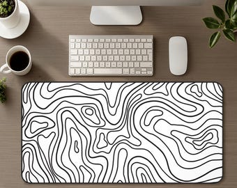 Topografische Schreibtischunterlage in Weiß und Schwarz, großes Gaming-Mauspad mit Kontur, minimalistisches XL-Mauspad mit organischem Terrain, Bürodekoration, Geschenk für Naturliebhaber