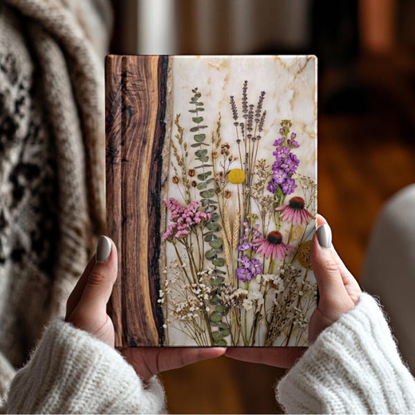 Rustic Floral Hardcover Journal, Lined Writing Notebook, Botanical Wood Grain Diary, Blank Pages Keepsake Book Nature Inspired Gift For Her