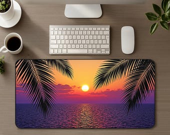 Schreibtischunterlage mit tropischem Strand- und Sonnenuntergangsmotiv, großes Mauspad mit Insel- und Palmenmotiv, Retro-Bürodekoration im Küstenstil, ideales Urlaubsgeschenk für PC-Tastaturen
