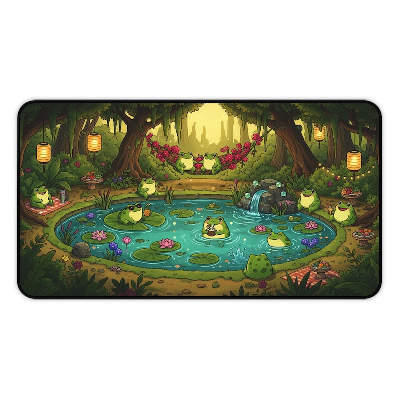 Cottagecore Frog Pond XL Desk Mat, Gaming Mouse Pad Home Decor, Cute Frogs Pool Party Nature Mousepad, Lush Green Forest Aesthetic Gift image 8