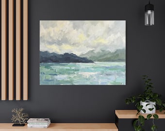 Coastal Abstract Seascape Large Canvas Wall Art, Ocean Decor, Beach Landscape Painting, Modern Aqua Sea Mountain Print Living Room Bedroom