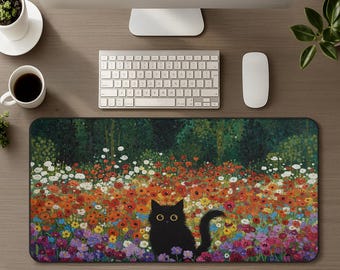 Cute Black Cat Large Desk Mat, Kawaii Kitten XL Mouse Pad, Floral Poppy Wildflower Gaming Mousepad, Aesthetic Office Decor, Cat Lover Gift