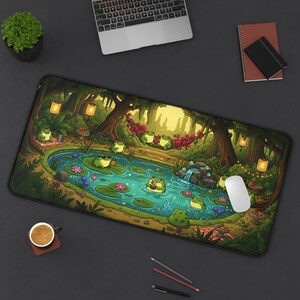 Cottagecore Frog Pond XL Desk Mat, Gaming Mouse Pad Home Decor, Cute Frogs Pool Party Nature Mousepad, Lush Green Forest Aesthetic Gift image 5
