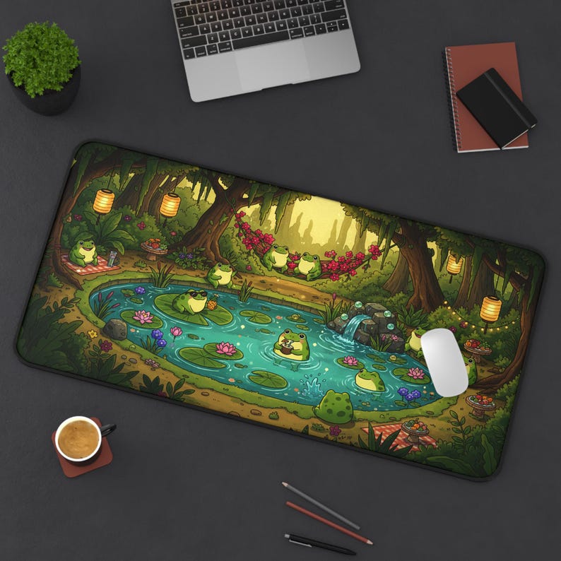Cottagecore Frog Pond XL Desk Mat, Gaming Mouse Pad Home Decor, Cute Frogs Pool Party Nature Mousepad, Lush Green Forest Aesthetic Gift image 5