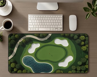Golf Course Large Desk Mat, Textile-like look Home Office Decor, Golf Lover Mouse Pad, Golf Fairway Green Mousepad, Golfer Office Gift Idea