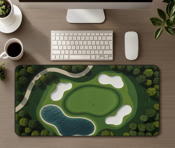 Golf Course Large Desk Mat, Textile-like look Home Office Decor, Golf Lover Mouse Pad, Golf Fairway Green Mousepad, Golfer Office Gift Idea