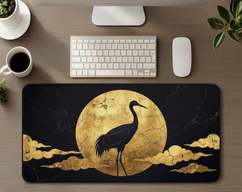 Japanischer Schwarz-Gold-kran mit Mond Schreibtischmatte, großes Gaming-Muss, Japan Ästhetische PC-Schreibtischdekoration, Zen-Mausunterlage, Tastatur, Arbeitsplatz Geschenk