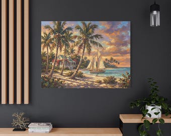 Sunset Beach Canvas Wall Art, Coastal Beach House Decor, Ocean Sailboat Painting, Tropical Palm Art, Nautical Sea Landscape Print for Home