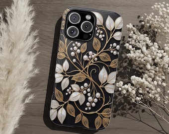 Gold Leaf & Pearl Leaf Tough Phone Case, Black Floral Luxury Art Dual Layer Protective iPhone Samsung Galaxy Google Pixel Cover Elegant Gift