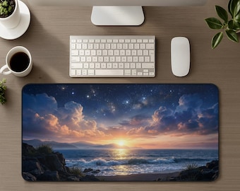 Celestial Seascape Ocean Sunset Desk Mat, Starry Night Sky Constellation Aesthetic Large Mouse Pad, Gaming Mousepad Office Desk Accessory
