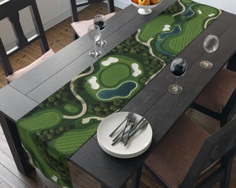 Golf Course Table Runner, Green Fairway Decor Golf Lover Gift, Elegant Dining Decor, Unique Sports Golfer Themed Linen Accent, 72" or 90"