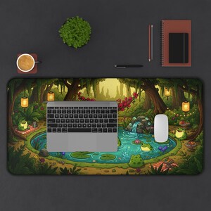 Cottagecore Frog Pond XL Desk Mat, Gaming Mouse Pad Home Decor, Cute Frogs Pool Party Nature Mousepad, Lush Green Forest Aesthetic Gift image 4