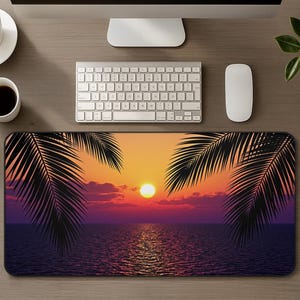Alfombrilla de escritorio con diseño de playa tropical y puesta de sol en el océano, alfombrilla de ratón grande con estética de palmeras y puesta de sol en la isla, alfombrilla de ratón para juegos de PC con decoración costera para escritorio.