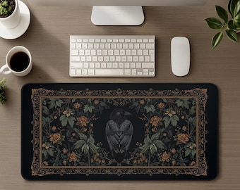 Black Raven Floral Desk Mat, Dark Cottagecore Blackbird Botanical Mouse Pad, Medieval Gothic Crow Fantasy Large Castle Gaming Mousepad Gift