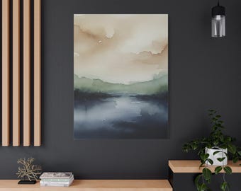Muted Neutral Landscape Watercolor Style Canvas Art Print, Minimalist Nature Wall Decor, Beige Green Blue Misty Lake, Modern Home Gift