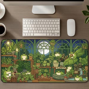 Acogedora alfombrilla de escritorio con diseño de ranas estilo cottagecore, alfombrilla de ratón XL con un relajante jardín nocturno de ranas, plantas y alfombrilla de trabajo para videojuegos a la luz de la luna.