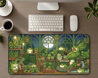 Cozy Cottagecore Frog Desk Mat, Aesthetic Greenhouse XL Mousepad with Relaxing Night Garden Frogs, Plants, Moonlight Gaming Work Pad