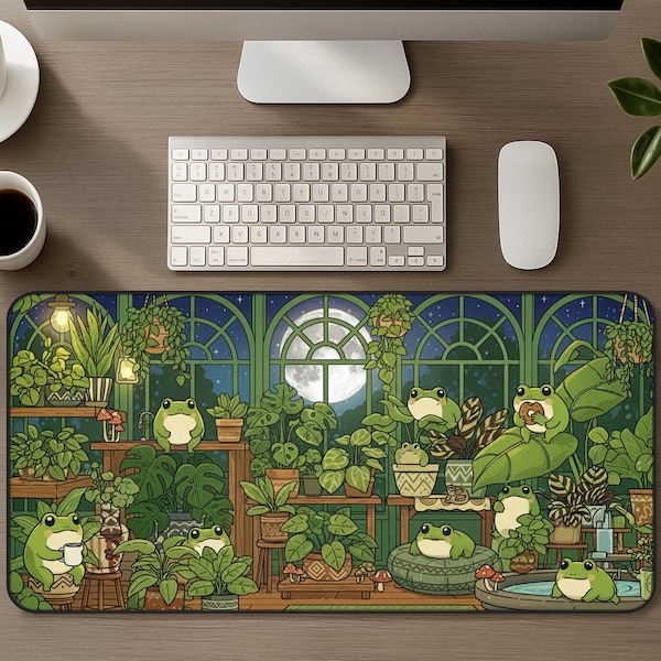 Cozy Cottagecore Frog Desk Mat, Aesthetic Greenhouse XL Mousepad with Relaxing Night Garden Frogs, Plants, Moonlight Gaming Work Pad