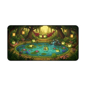 Cottagecore Frog Pond XL Desk Mat, Gaming Mouse Pad Home Decor, Cute Frogs Pool Party Nature Mousepad, Lush Green Forest Aesthetic Gift image 2