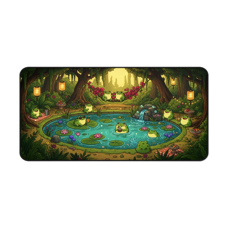 Cottagecore Frog Pond XL Desk Mat, Gaming Mouse Pad Home Decor, Cute Frogs Pool Party Nature Mousepad, Lush Green Forest Aesthetic Gift image 2