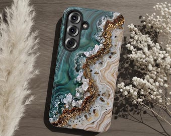 Türkisfarbene Achat-Geoden-Handyhülle, Ozeanküsten-Marmor-Kristall-Gold-Ästhetik, Türkis-Mineral-iPhone-Samsung-Galaxy-Pixel-Hülle – das perfekte Geschenk für Sie und Ihn
