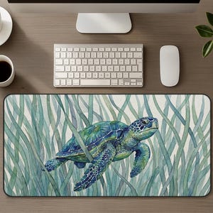 Watercolor Ocean Sea Turtle Lover Desk Mat, Coastal Decor XL Mouse Pad, Ocean Art Home Office Gift, Nautical Aesthetic Gaming Mousepad Gift