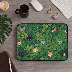 Söta katter i gröna löv laptopfodral, Lofi Kawaii Anime Peeking Kitty Leaves estetiskt surfplattefodral datorfodral tygväska djurälskare present