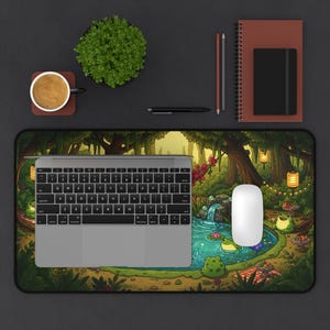 Cottagecore Frog Pond XL Desk Mat, Gaming Mouse Pad Home Decor, Cute Frogs Pool Party Nature Mousepad, Lush Green Forest Aesthetic Gift image 9