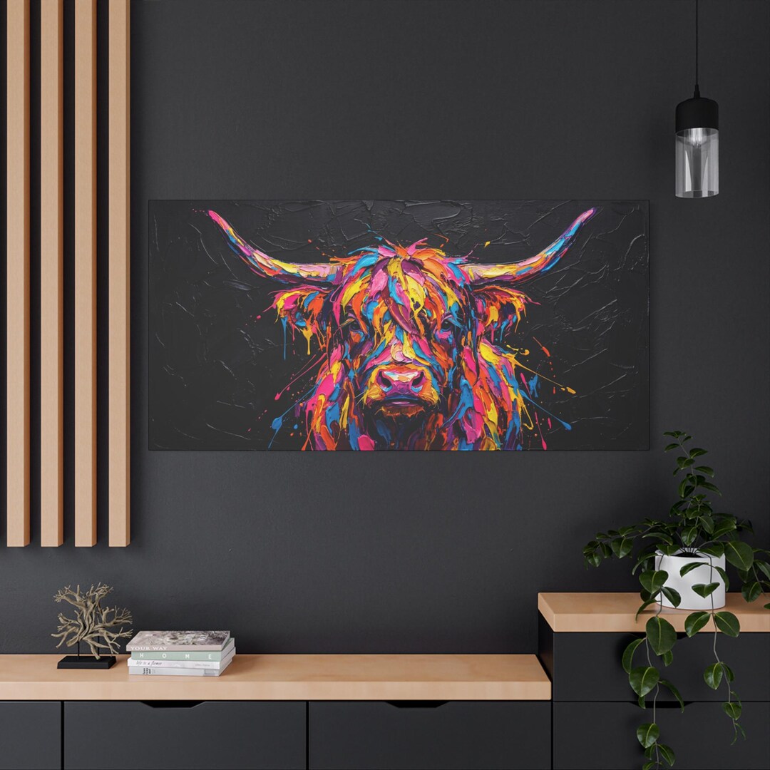Colorful Highland Cow Canvas Wall Art, Large Abstract Cow Painting ...