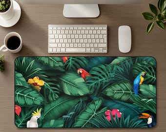 Alfombrilla de escritorio XL con hojas de jungla tropical, alfombrilla de ratón para juegos con aves exóticas, alfombrilla grande de oficina con plantas botánicas, alfombrilla de ratón antideslizante maximalista para regalo