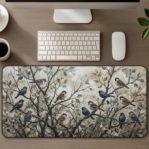 Puede incluir: Alfombrilla de ratón rectangular con una pintura de pájaros posados en ramas de árboles. La obra de arte utiliza una paleta de colores apagados de gris, marrón y beige. Un teclado, un ratón y un monitor de ordenador rodean la alfombrilla.